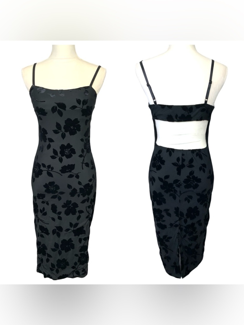 Black Floral Velvet Burnout Midi‎ Slip Dress Whimsigoth Gothic Dark Fairy Small